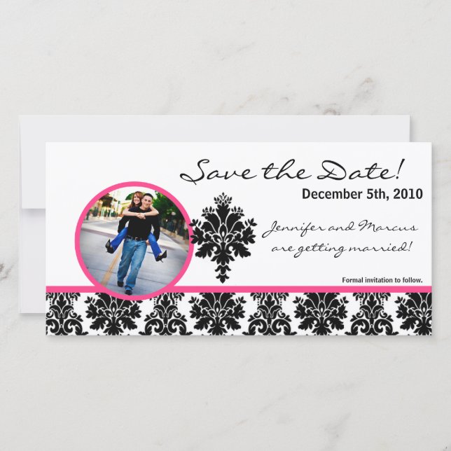 4x8 Engagement Announcement Black Hot Pink Damask (Front)