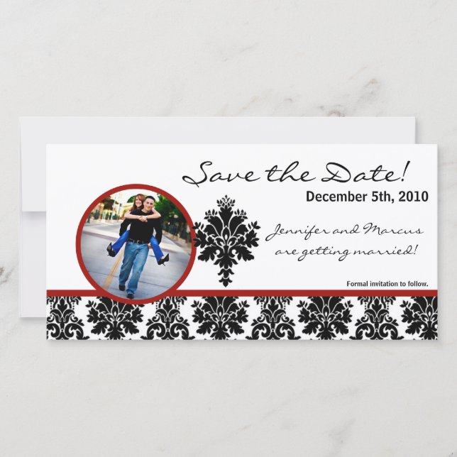 4x8 Engagement Announcement Black Red Damask (Front)