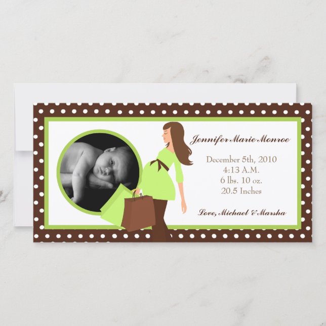 4x8 Green Mod Mum Polka Photo Birth Announcement (Front)