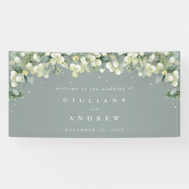 4'x8' Green Snowberry+Eucalyptus Wedding Welcome Banner (Horizontal)