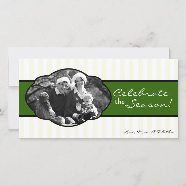 4x8 Green White Striped Frame PHOTO Christmas Card (Front)