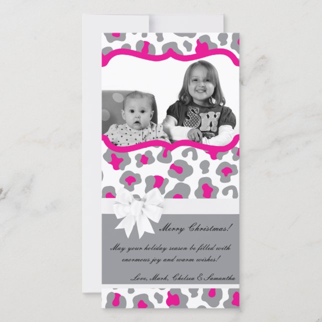 4x8 Grey Pink Cheetah PHOTO Christmas Card (Front)