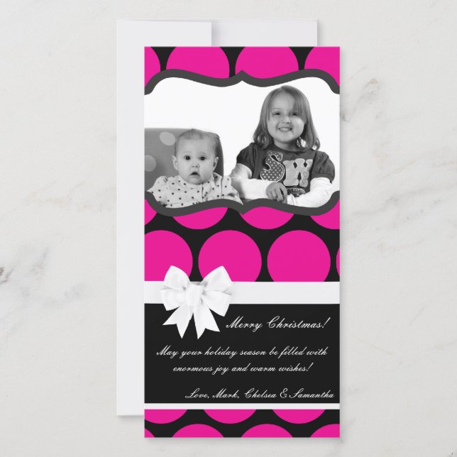 4x8 Hot Pink Black Palka Dot PHOTO Christmas Card (Front)