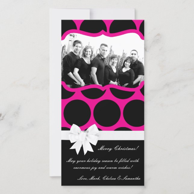 4x8 Hot Pink Black Palka Dot PHOTO Christmas Card (Front)