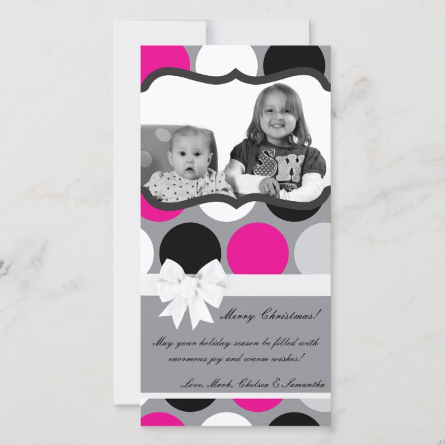 4x8 Hot Pink Black Polka Dot PHOTO Christmas Card (Front)