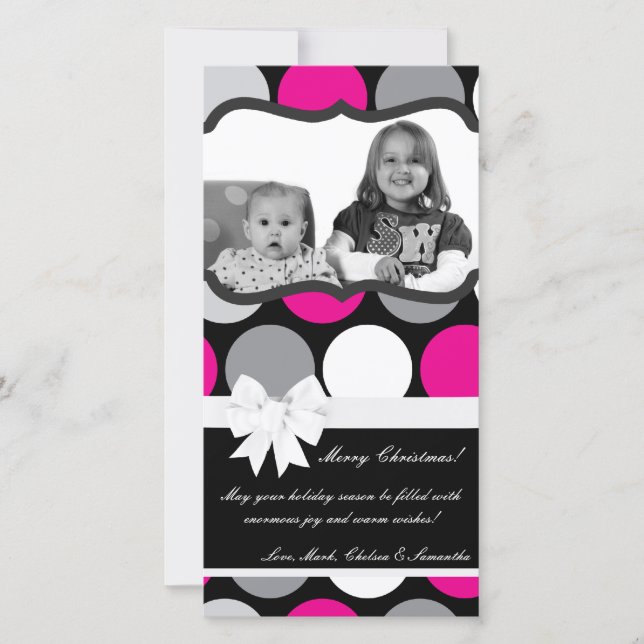 4x8 Hot Pink Black Polka Dot PHOTO Christmas Card (Front)