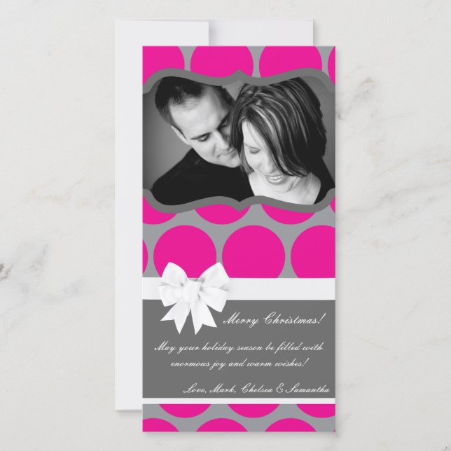 4x8 Hot Pink Black Polka Dot PHOTO Christmas Card (Front)