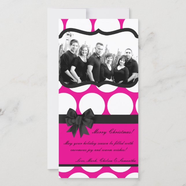 4x8 Hot Pink Black Polka Dot PHOTO Christmas Card (Front)