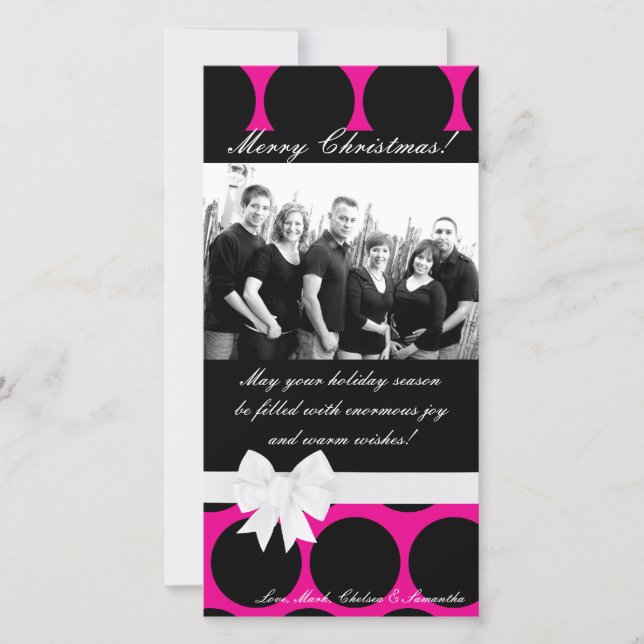 4x8 Hot Pink Black Polka Dot PHOTO Christmas Card (Front)