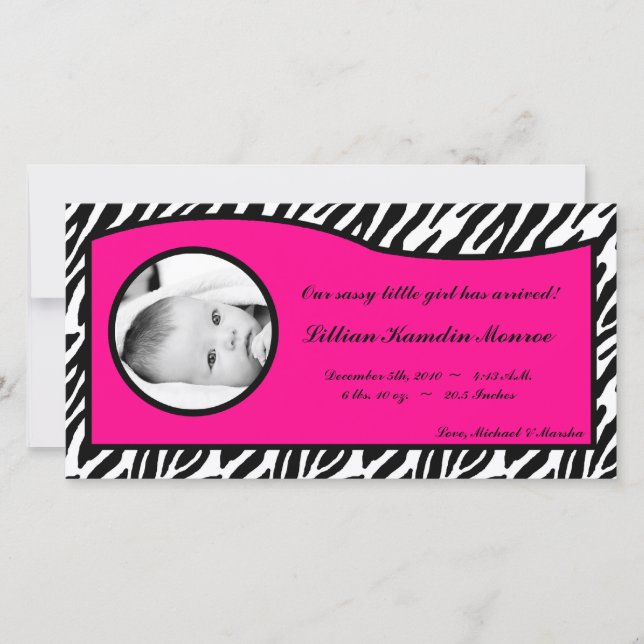 4x8 Hot Pink Zebra Print Photo Birth Announcement (Front)