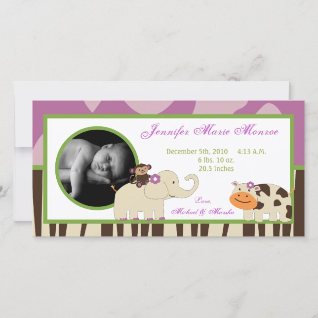 4x8 Jucana Purple Animals Photo Birth Announcement (Front)