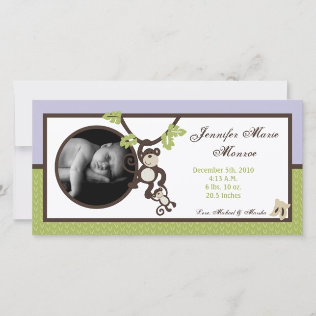 4x8 Monkey Time Jungle Photo Birth Announcement (Front)