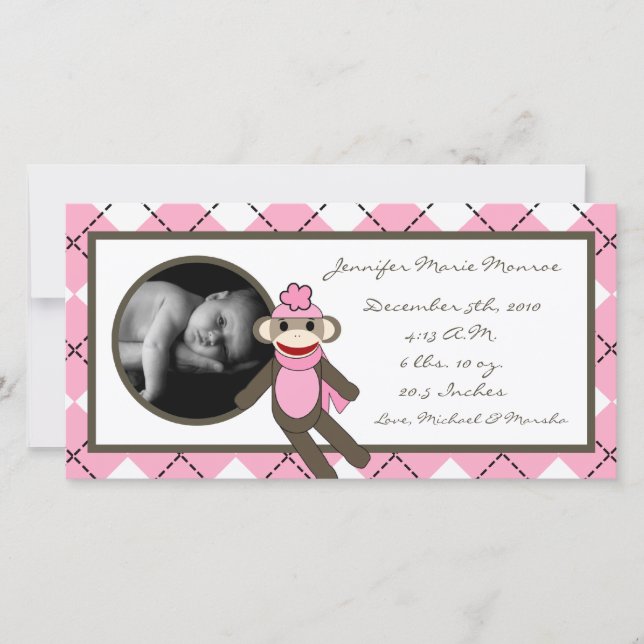 4x8 Pink Argyle Sock Monkey Birth Announcement (Front)