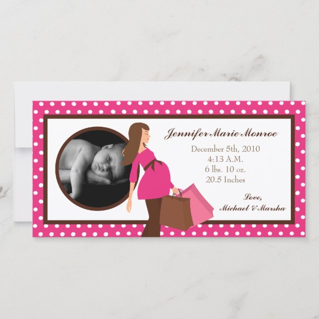 4x8 Pink Mod Mum Polka Photo Birth Announcement (Front)