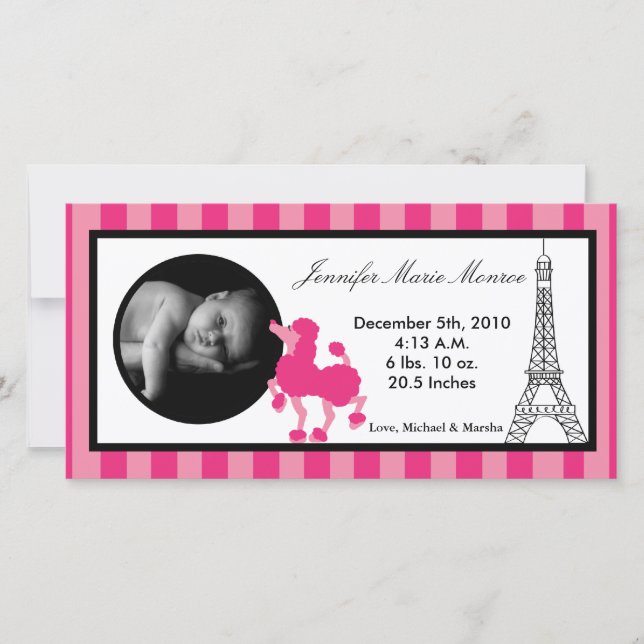 4x8 Pink Poodle Paris Eiffel Birth Announcement (Front)