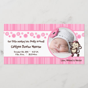 4x8 Pink Pop Monkey Girl Photo Birth Announcement