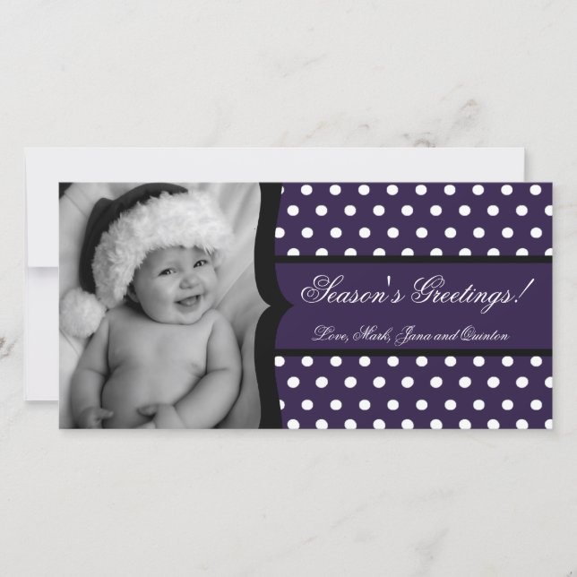 4x8 Purple White Polka Frame PHOTO Christmas Card (Front)