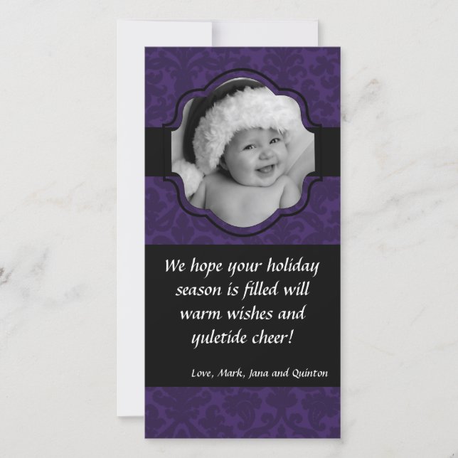 4x8 PurpleDamask Ribbon Frame PHOTO Christmas Card (Front)
