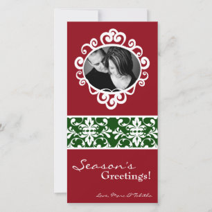 4x8 Red Green Damask Frame PHOTO Christmas Card