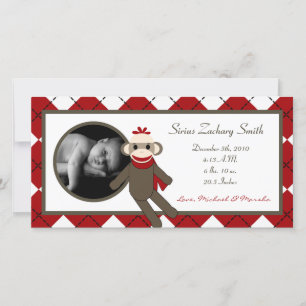 4x8 Red Sock Monkey Birth Announcement