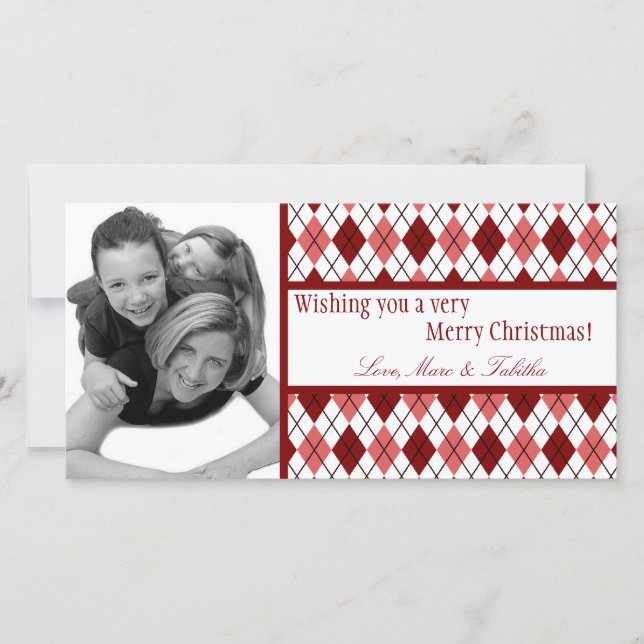 4x8 Red White Argyle Frame PHOTO Christmas Card (Front)