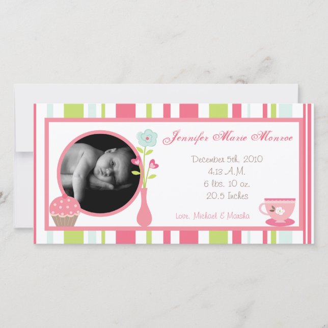 4x8 Tea Party Pink Pastel Photo Birth Announcement (Front)