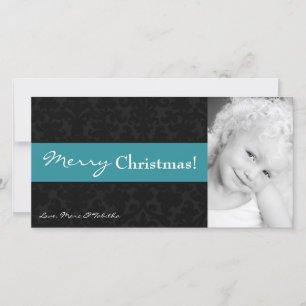 4x8 Teal Black Damask Frame PHOTO Christmas Card