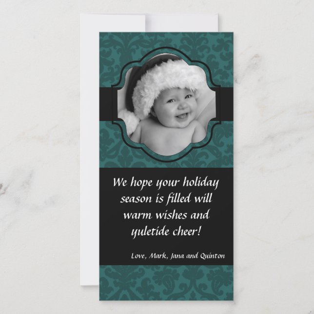 4x8 Teal Damask Ribbon Frame PHOTO Christmas Card (Front)