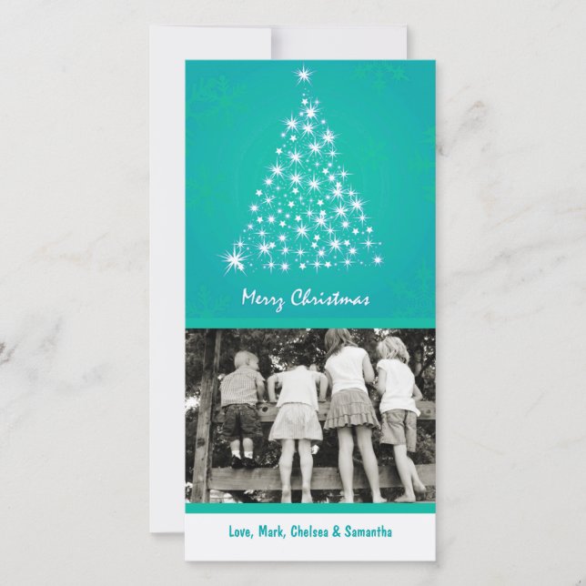 4x8 Teal Snowflake XMAS Tree PHOTO Christmas Card (Front)