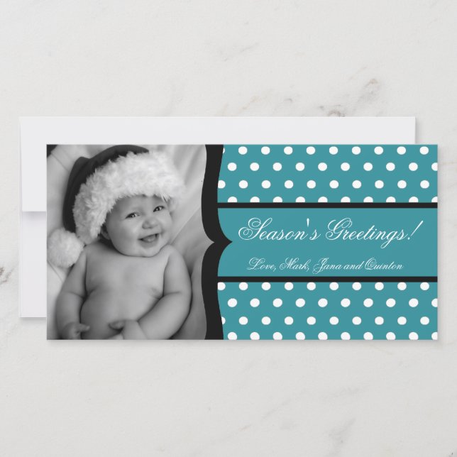 4x8 Teal White Polka Frame PHOTO Christmas Card (Front)