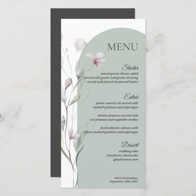 4x8" Watercolor Botanical Wedding Table Menu Card (Front/Back)