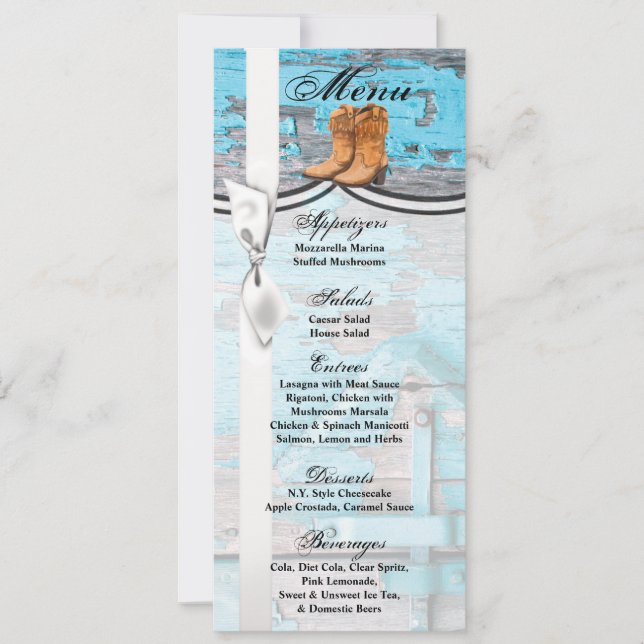 4x9.25 Menu Cards Blue Wood Barn Door Boots (Front)