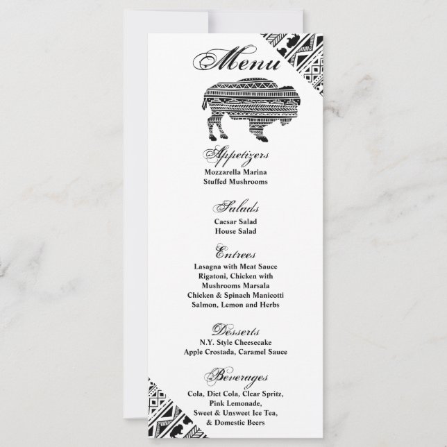4x9.25 Menu Cards Boho Buffalo Tribal Pattern Bohe (Front)