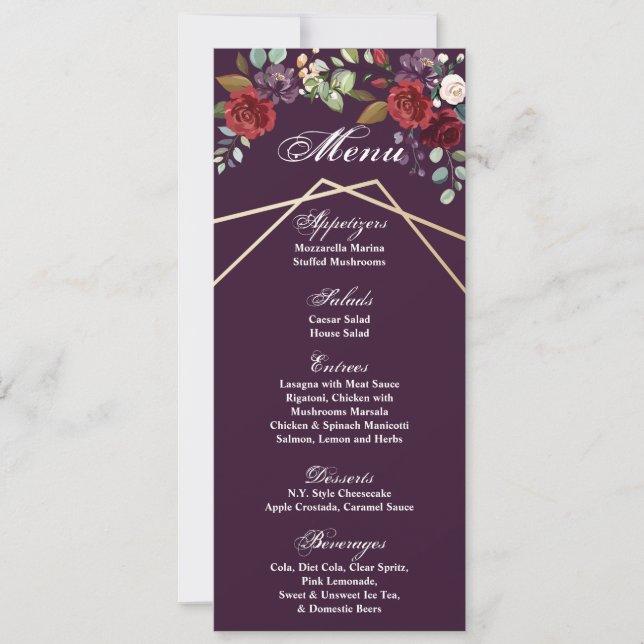 4x9.25 Menu Cards Plum Purple Roses Gold Geometric (Front)