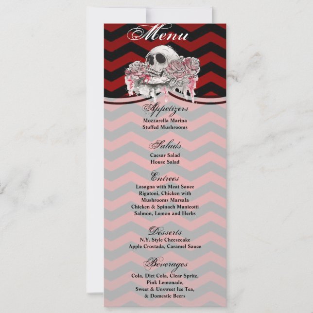 4x9.25 Menu Cards skull Rose Gothic Chevron red bl (Front)