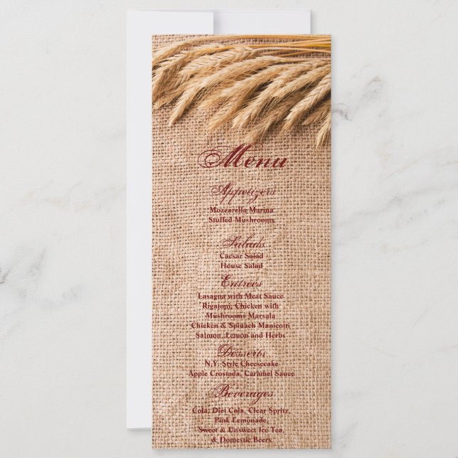 4x9.25 Menu Cards Wheat on Burlap Sack Country Rus (Front)