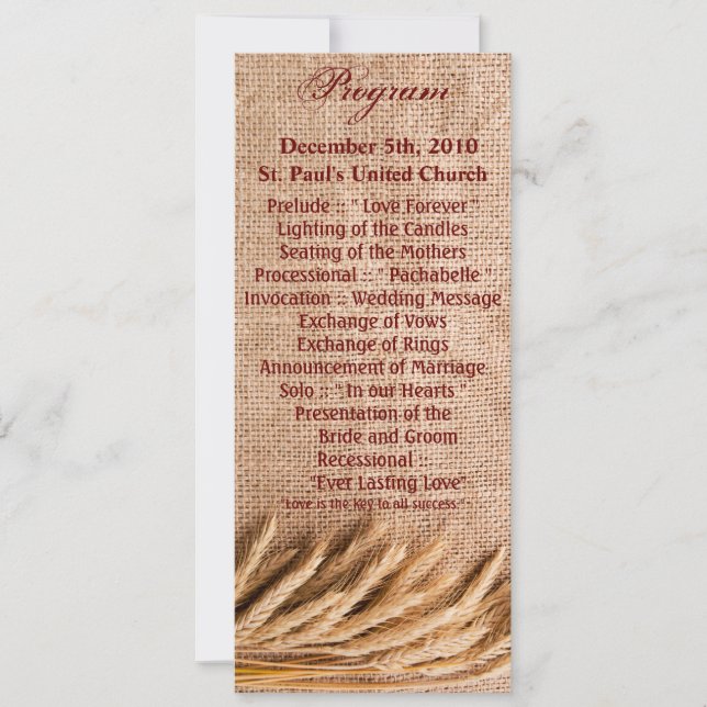 4x9.25 Program Cards Wheat on Burlap Sack Country (Front)