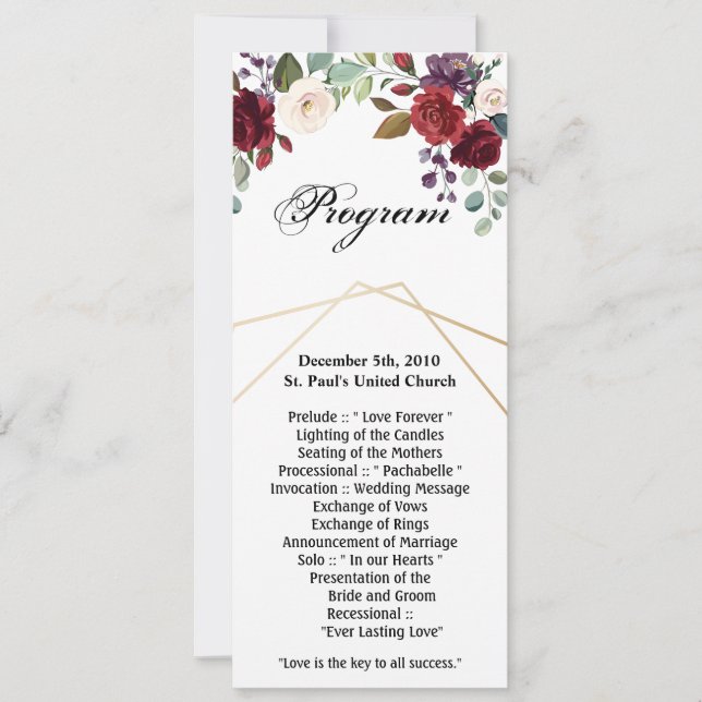 4x9.25 Program Cards White Roses Gold Geometric Fl (Front)