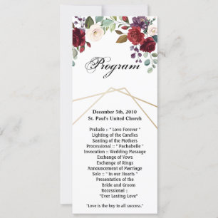 4x9.25 Program Cards White Roses Gold Geometric Fl