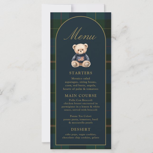4x9" Classic Teddy Bear Plaid Baby Shower Menu (Front)