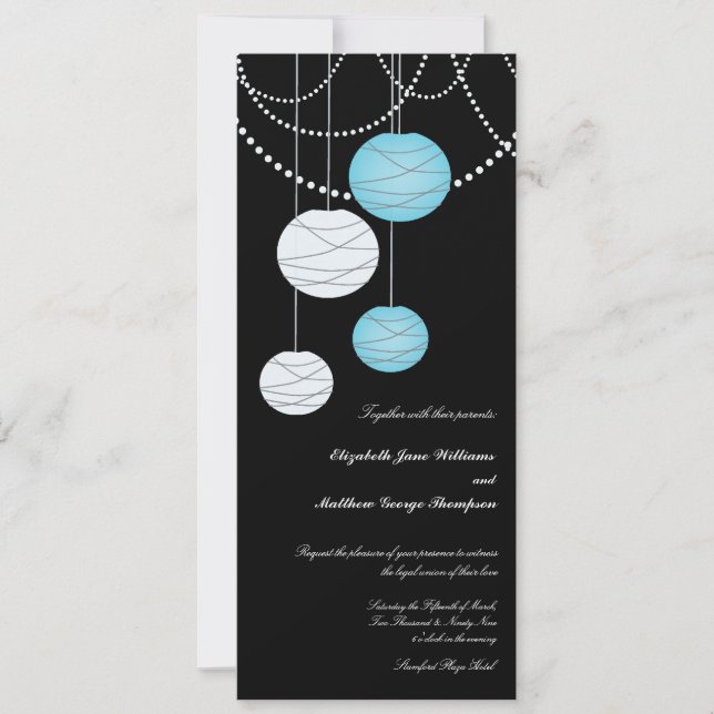 4x9 Long Aqua Blue Paper Lanterns Wedding Invite (Front)