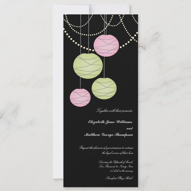 4x9 Long Pink Green Paper Lanterns Wedding Invite (Front)