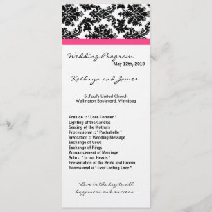 4x9 Wedding Program - Black Damask and Hot Pink Programme