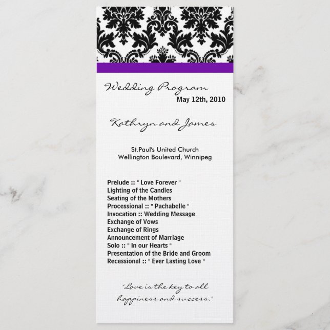 4x9 Wedding Program - Black Damask and Purple Programme (Front)