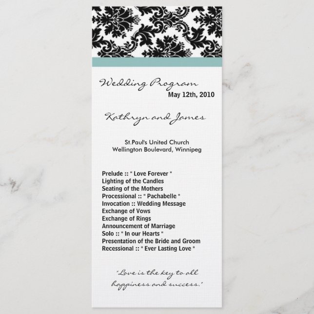 4x9 Wedding Program - Black Damask Blue Programme (Front)