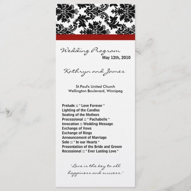 4x9 Wedding Program - Black Damask Red Crimson Programme (Front)