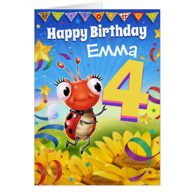 4yrs Custom birthday card Little Ladybug range (Front)