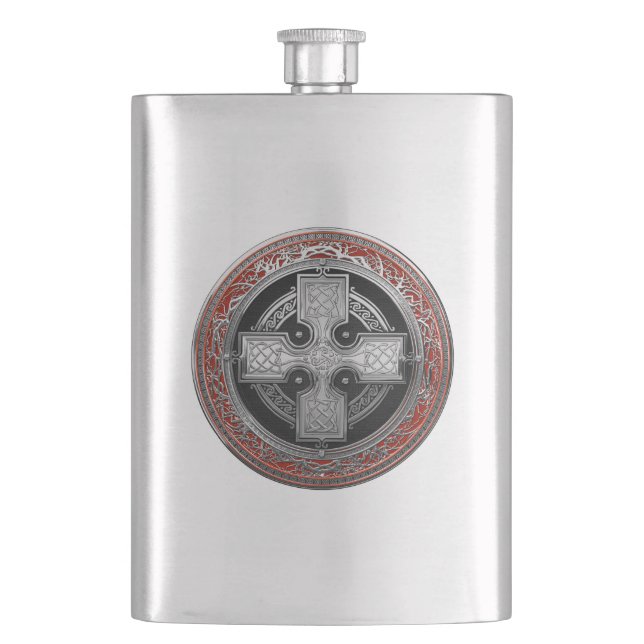 [500] Ancient Celtic Sacred Silver Knot Cross Hip Flask (Front)