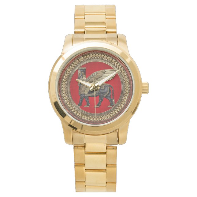 [500] Assyrian Winged Bull: Gold and Black Lamassu Watch (Front)