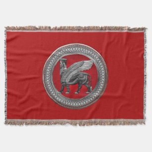 [500] Assyrian Winged Bull: Silver & Black Lamassu Throw Blanket